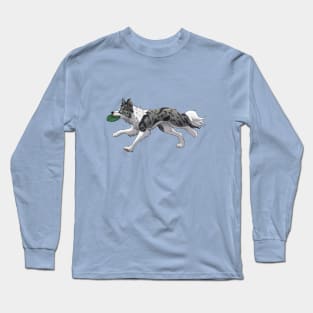 Running Blue Merle Border Collie with Frisbee Long Sleeve T-Shirt